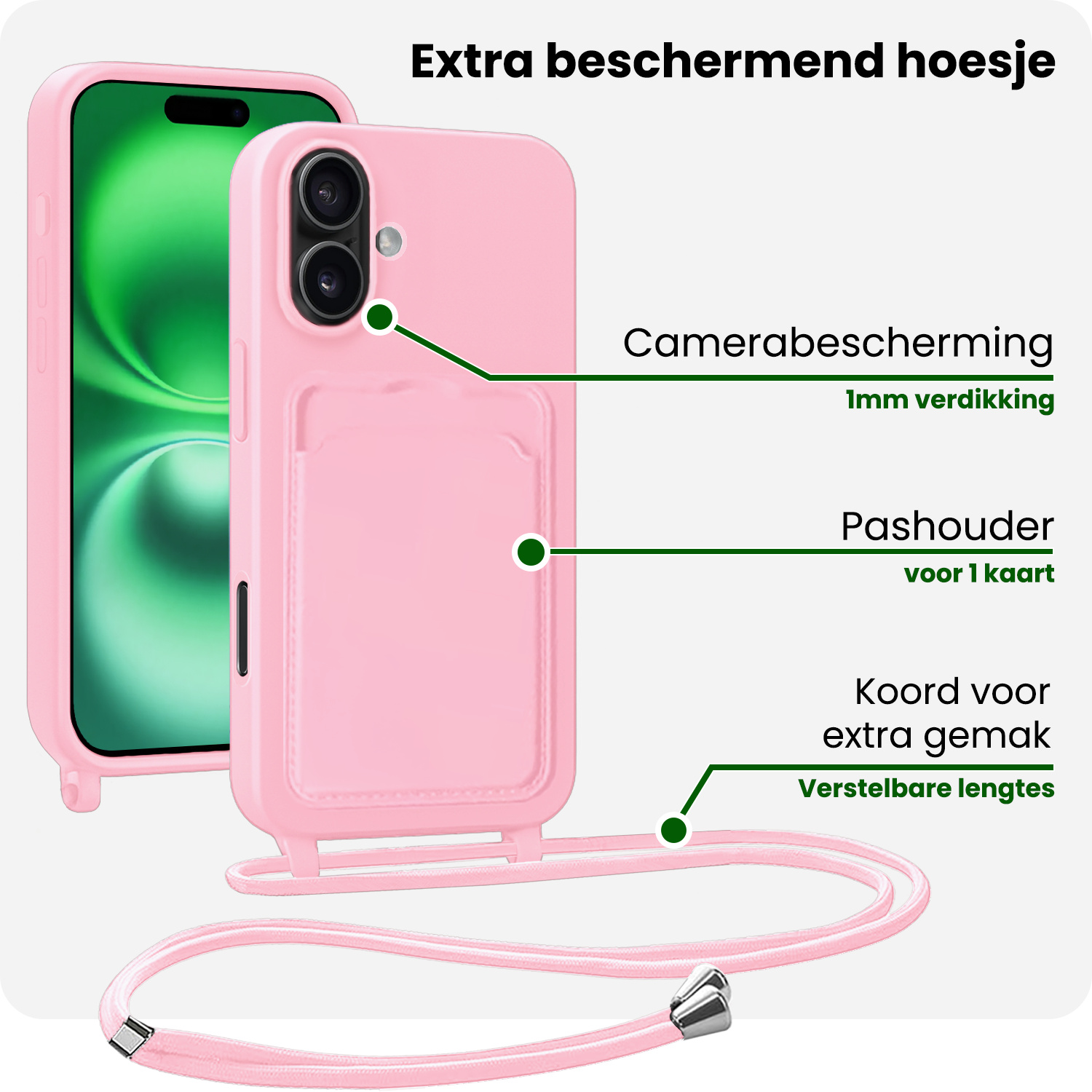 BASEY. BASEY. iPhone 16 Plus Hoesje Pashouder met Koord Met Screenprotector - Lichtroze