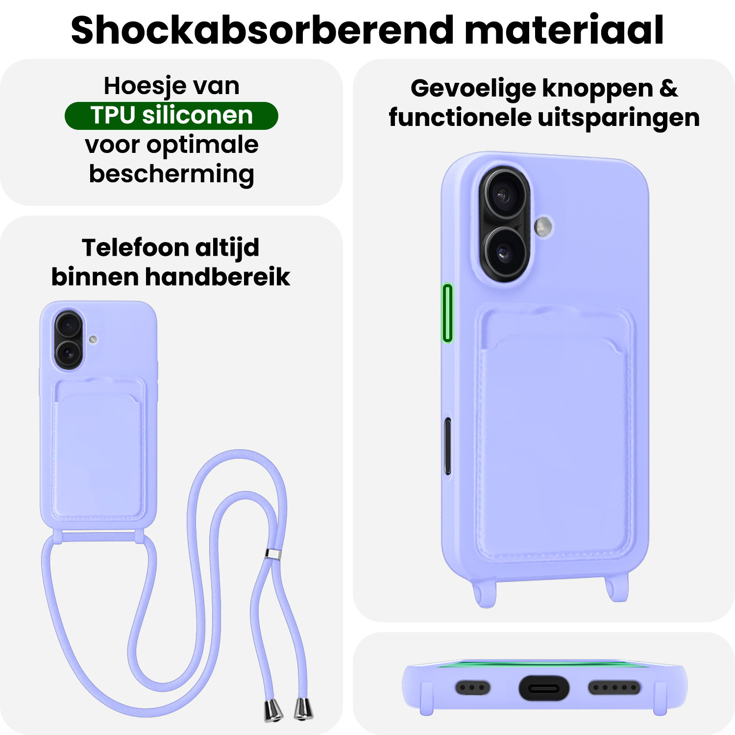 BASEY. BASEY. iPhone 16 Plus Hoesje Pashouder met Koord - Lila - 2 PACK