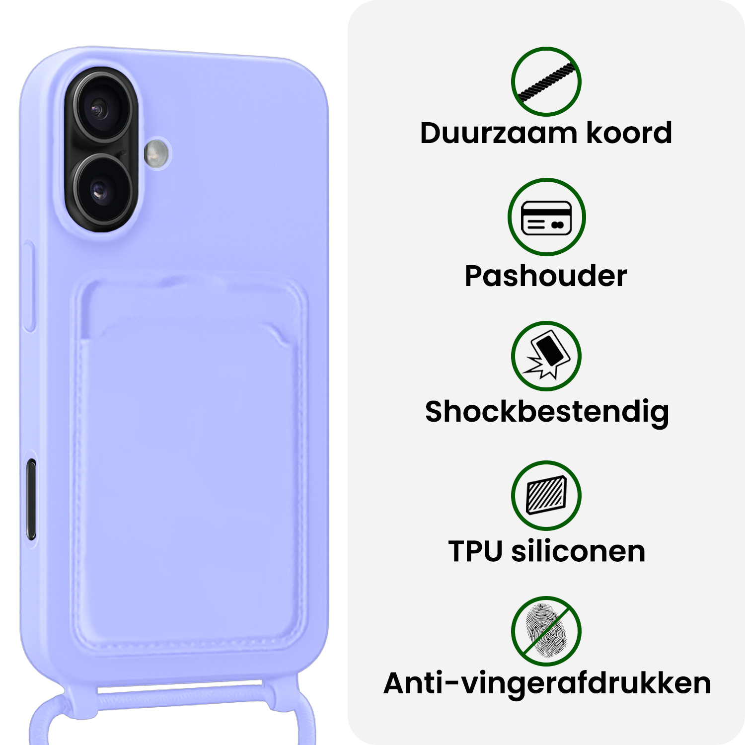 BASEY. BASEY. iPhone 16 Plus Hoesje Pashouder met Koord Met 2x Screenprotector - Lila