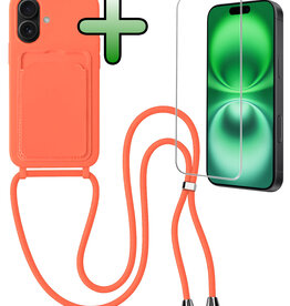 BASEY. BASEY. iPhone 16 Plus Hoesje Pashouder met Koord Met Screenprotector - Papaya