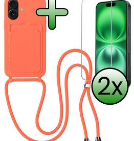 BASEY. BASEY. iPhone 16 Plus Hoesje Pashouder met Koord Met 2x Screenprotector - Papaya