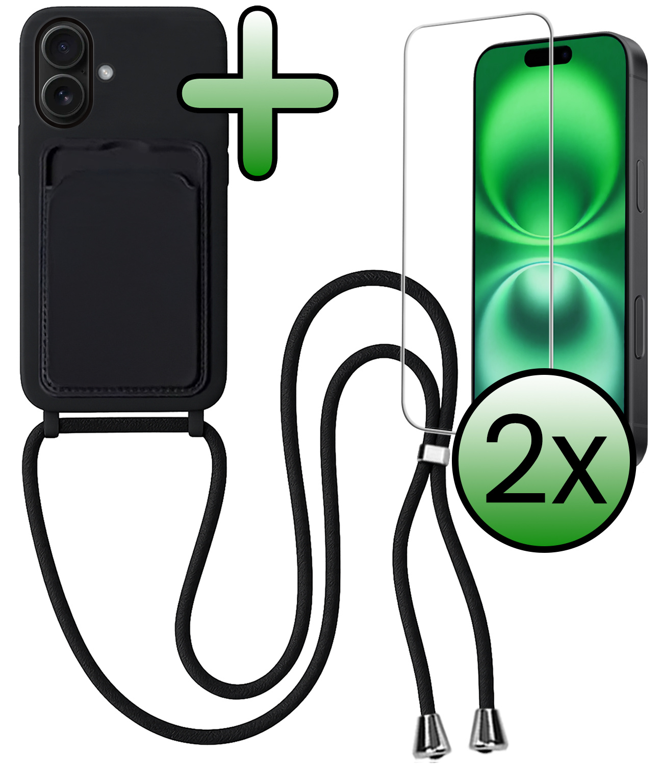 BASEY. BASEY. iPhone 16 Plus Hoesje Pashouder met Koord Met 2x Screenprotector - Zwart