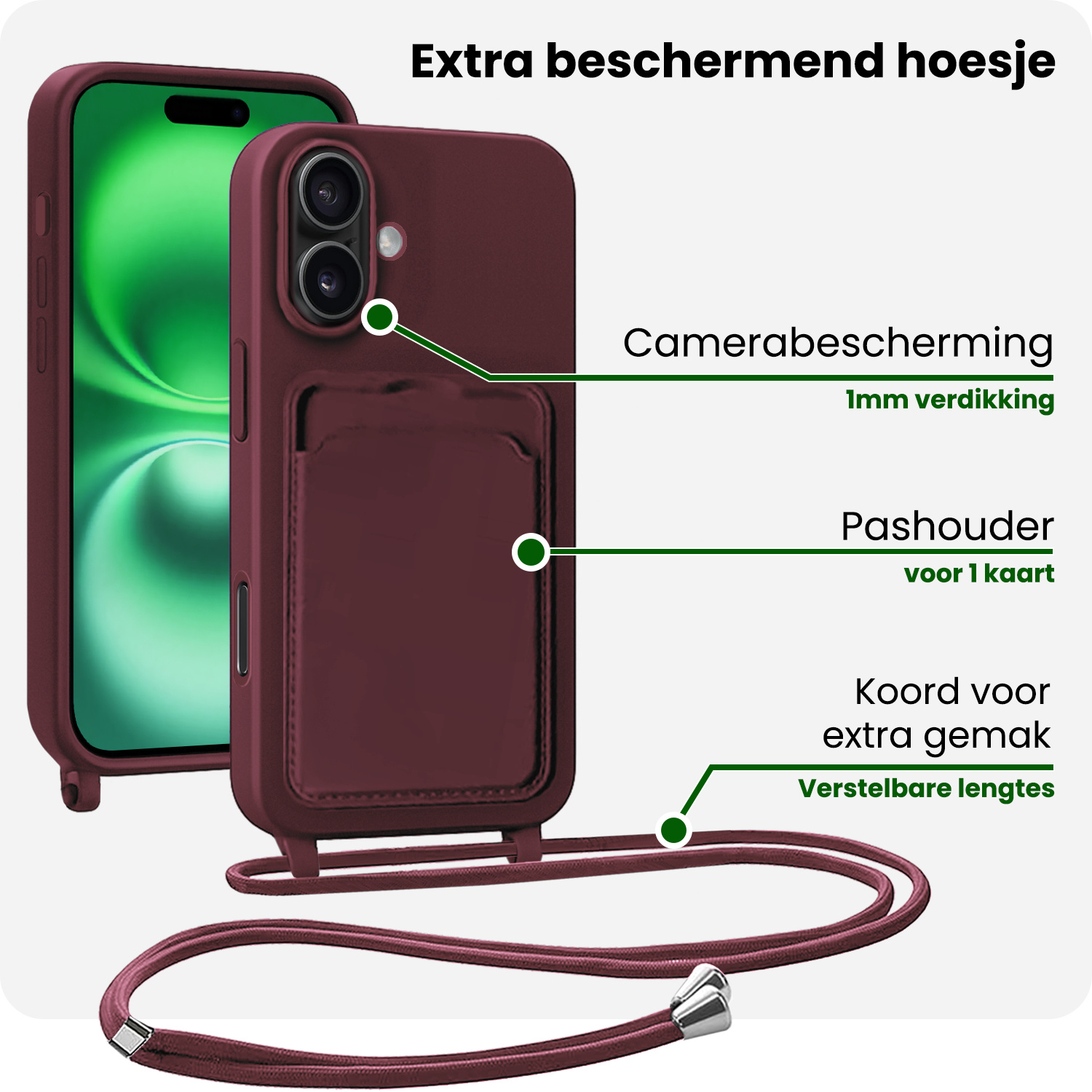 BASEY. BASEY. iPhone 16 Hoesje Pashouder met Koord - Aubergine - 2 PACK