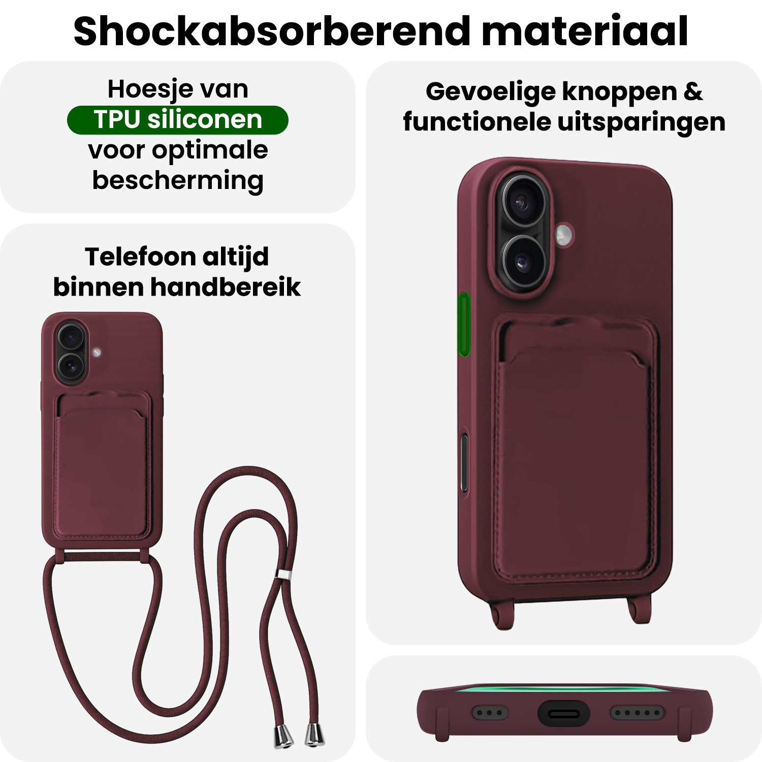 BASEY. BASEY. iPhone 16 Hoesje Pashouder met Koord - Aubergine - 2 PACK