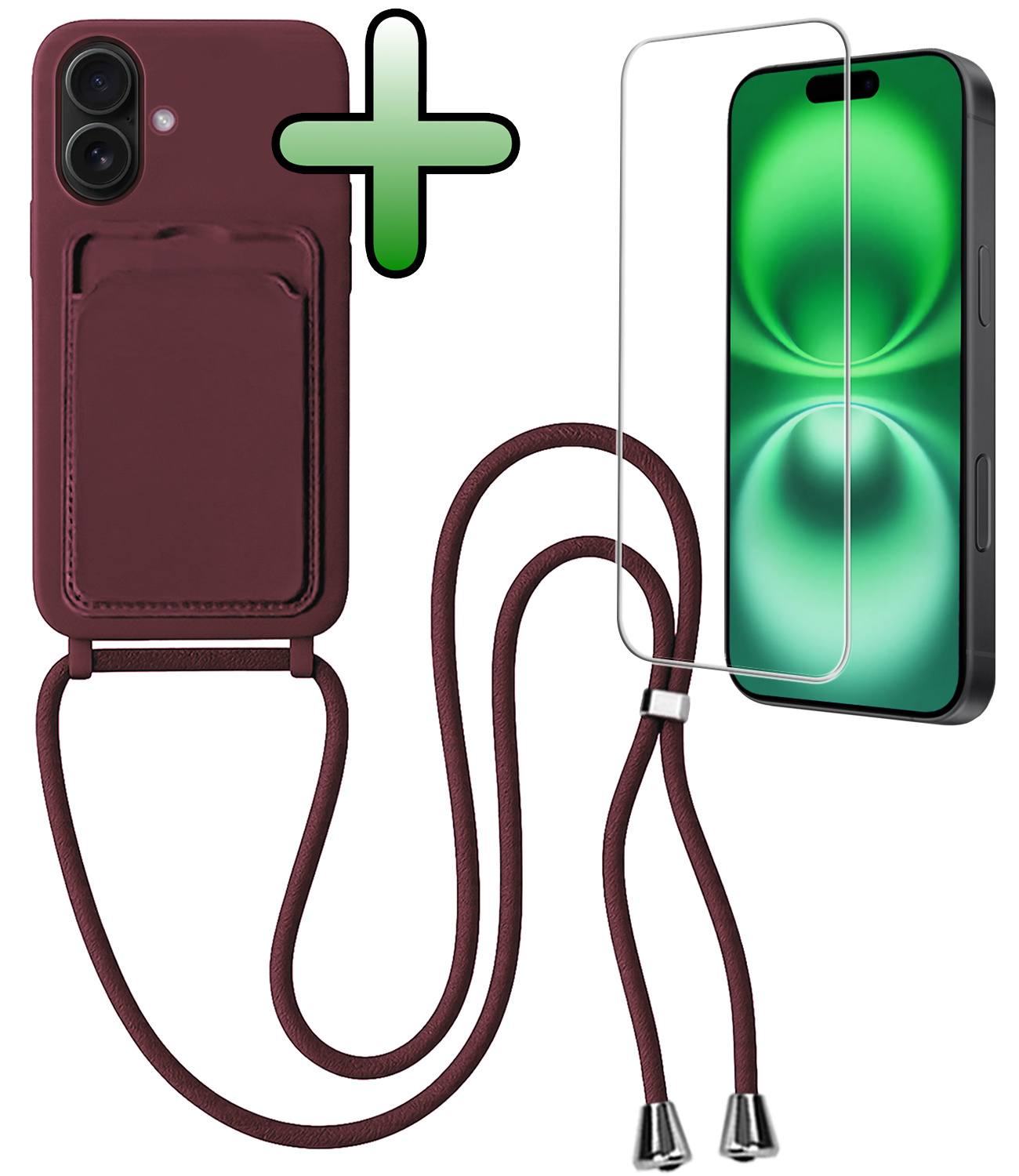 BASEY. BASEY. iPhone 16 Hoesje Pashouder met Koord Met Screenprotector - Aubergine