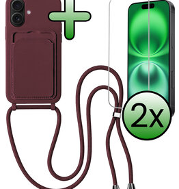 BASEY. BASEY. iPhone 16 Hoesje Pashouder met Koord Met 2x Screenprotector - Aubergine