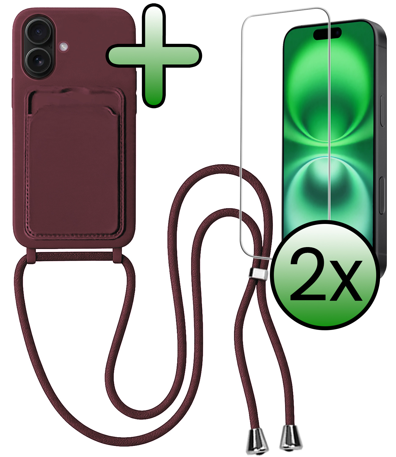 BASEY. BASEY. iPhone 16 Hoesje Pashouder met Koord Met 2x Screenprotector - Aubergine