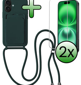 BASEY. BASEY. iPhone 16 Hoesje Pashouder met Koord Met 2x Screenprotector - Donkergroen