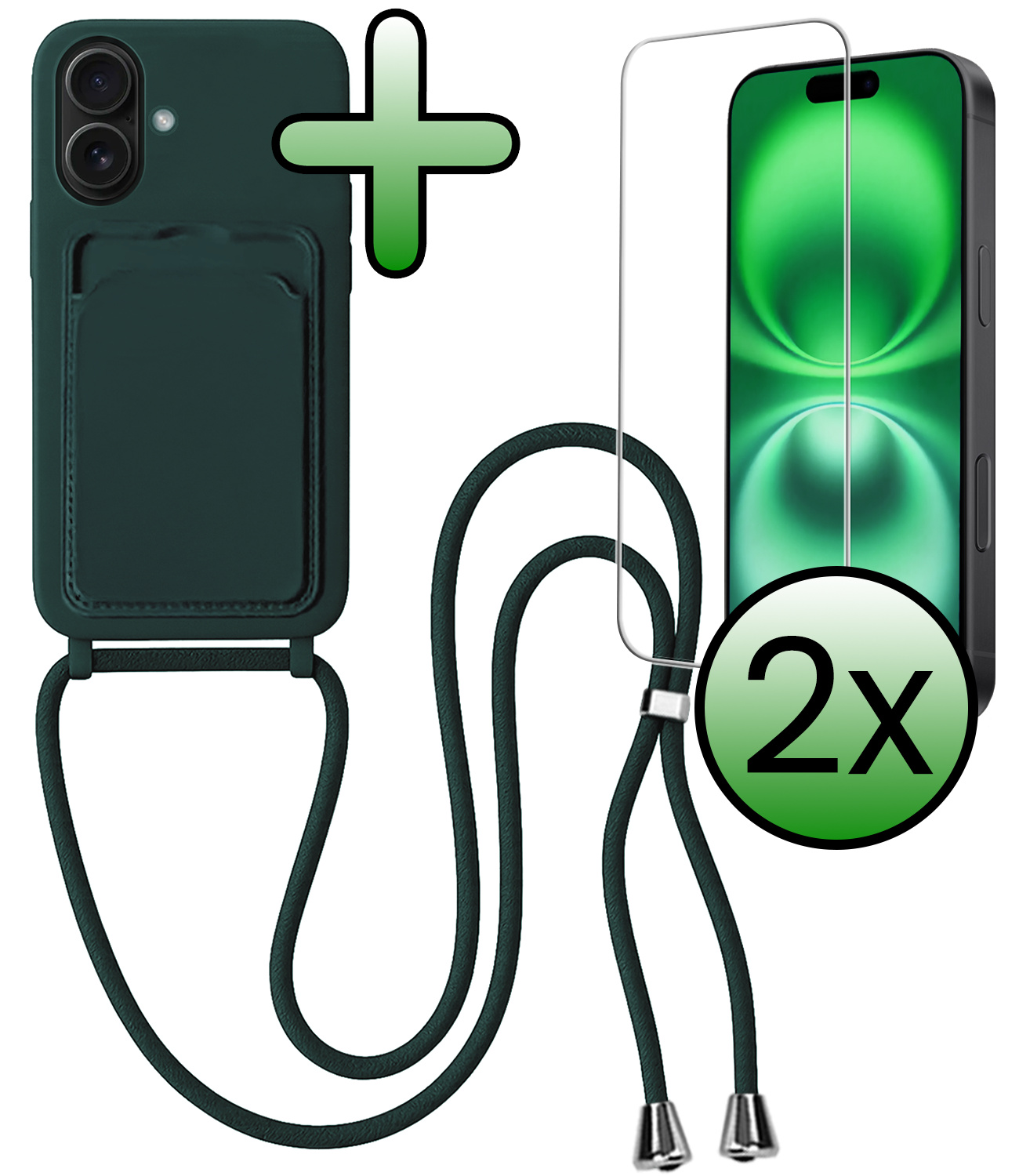 BASEY. BASEY. iPhone 16 Hoesje Pashouder met Koord Met 2x Screenprotector - Donkergroen