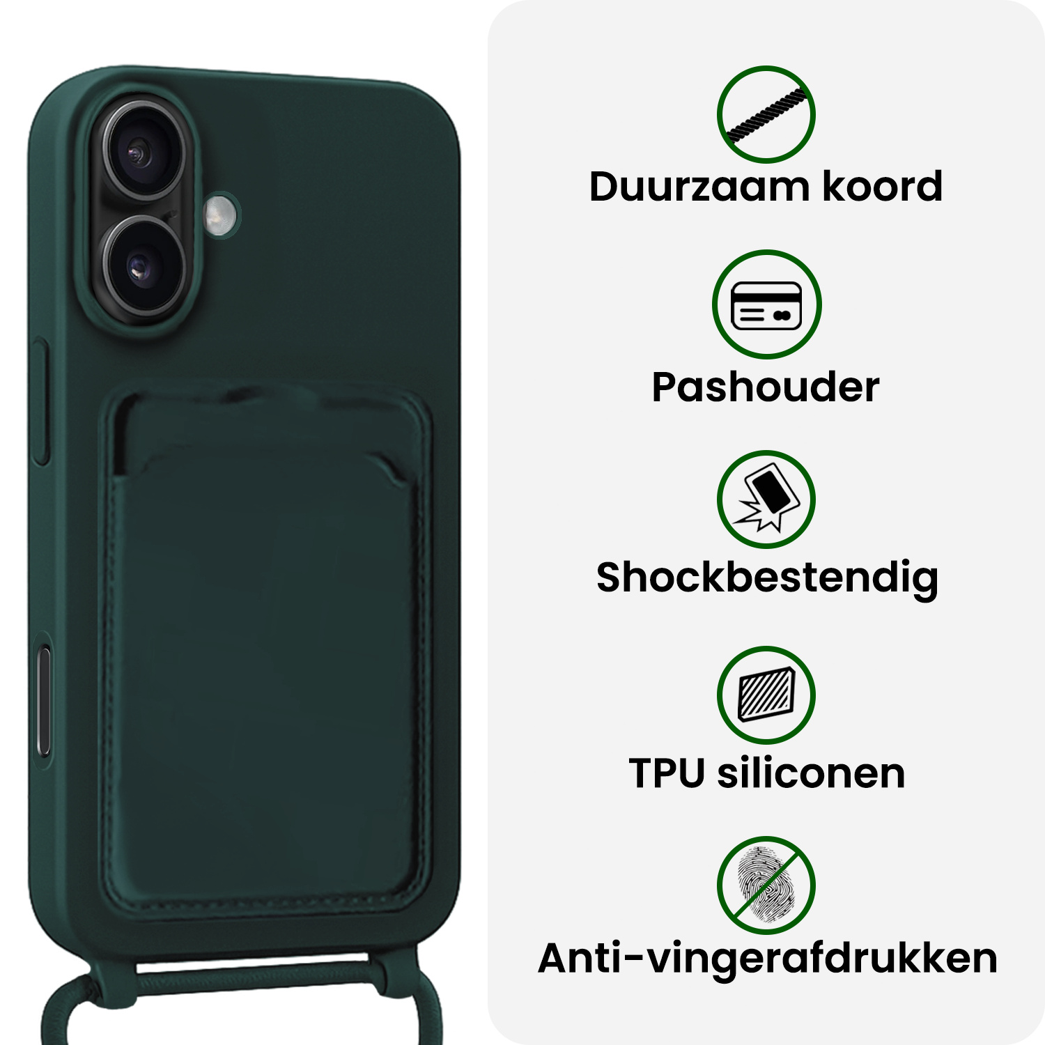BASEY. BASEY. iPhone 16 Hoesje Pashouder met Koord Met 2x Screenprotector - Donkergroen