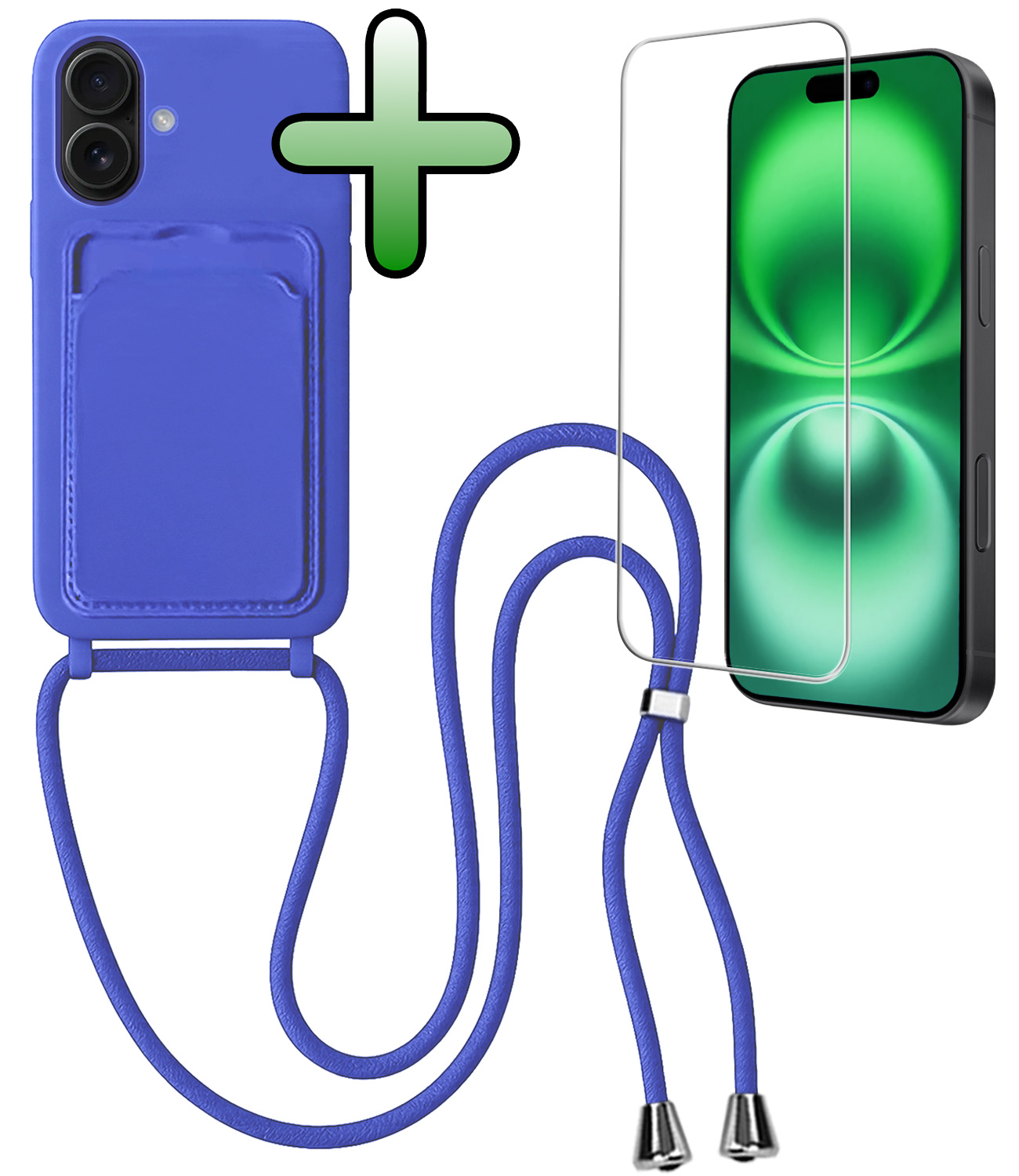 BASEY. BASEY. iPhone 16 Hoesje Pashouder met Koord Met Screenprotector - Fel Blauw