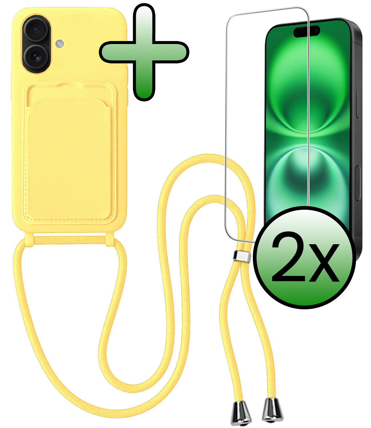 BASEY. BASEY. iPhone 16 Hoesje Pashouder met Koord Met 2x Screenprotector - Geel