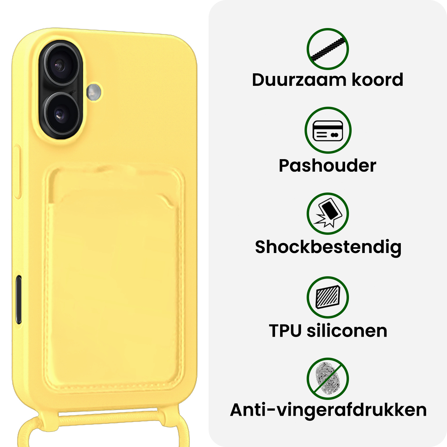 BASEY. BASEY. iPhone 16 Hoesje Pashouder met Koord Met 2x Screenprotector - Geel