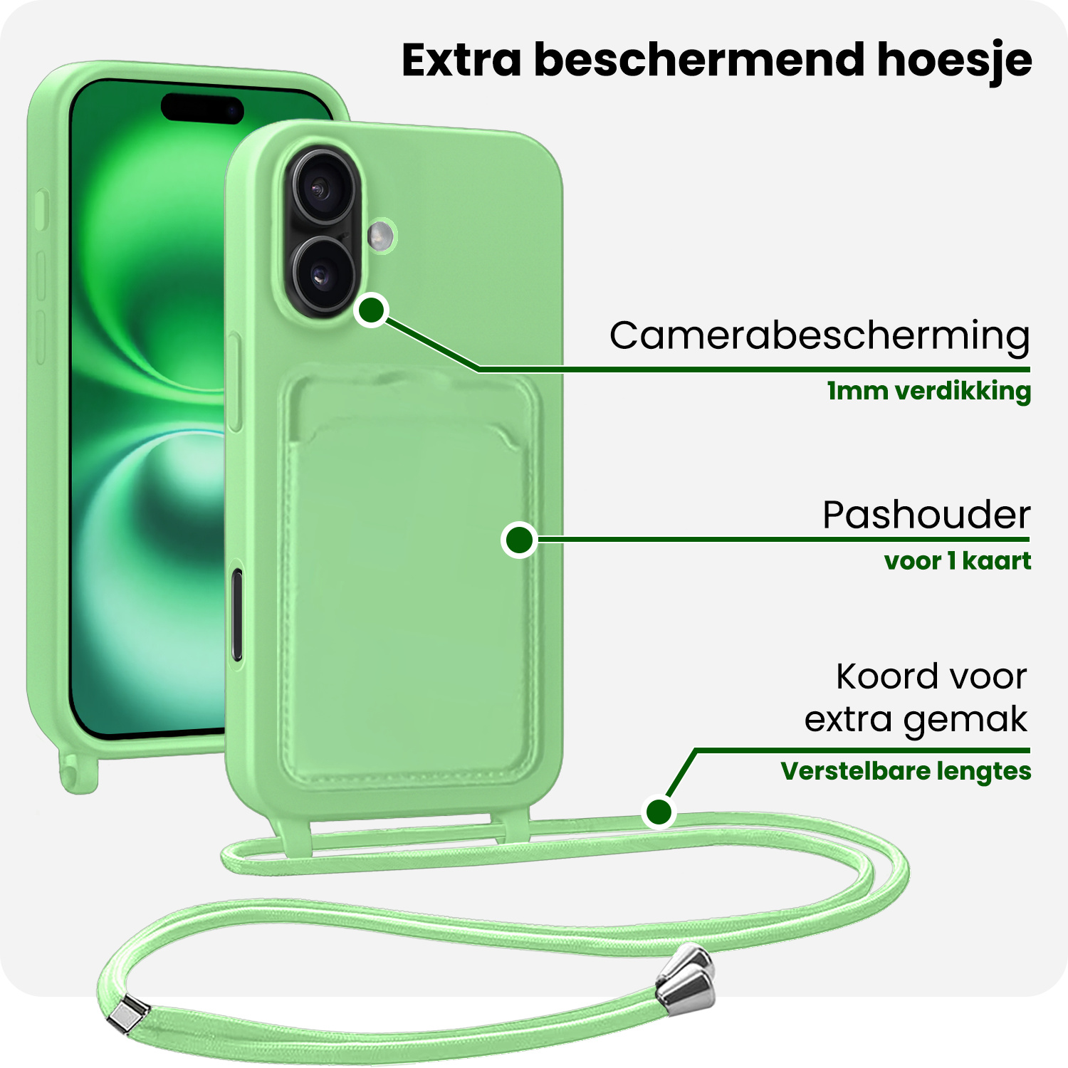 BASEY. BASEY. iPhone 16 Hoesje Pashouder met Koord Met Screenprotector - Groen