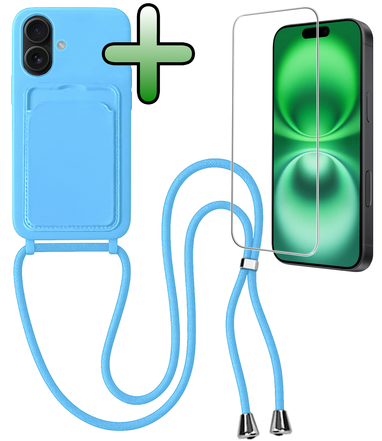 BASEY. BASEY. iPhone 16 Hoesje Pashouder met Koord Met Screenprotector - Lichtblauw