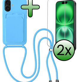 BASEY. BASEY. iPhone 16 Hoesje Pashouder met Koord Met 2x Screenprotector - Lichtblauw