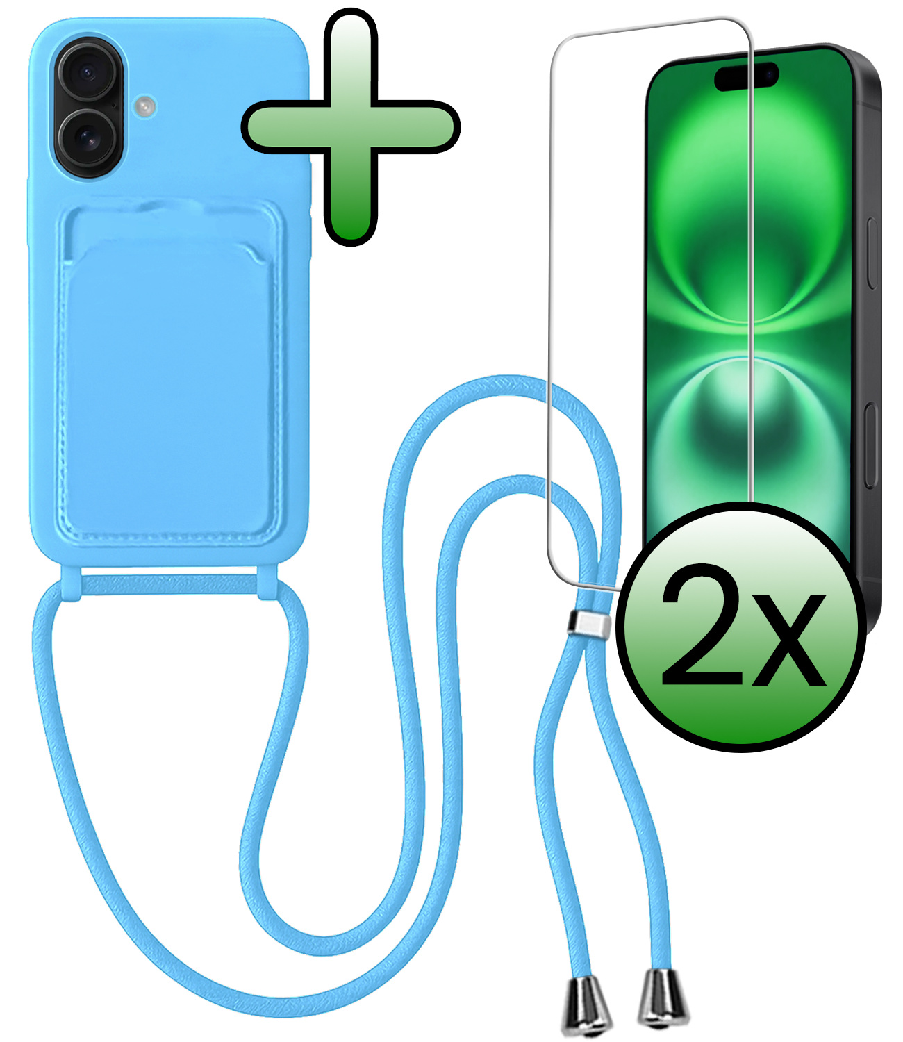 BASEY. BASEY. iPhone 16 Hoesje Pashouder met Koord Met 2x Screenprotector - Lichtblauw