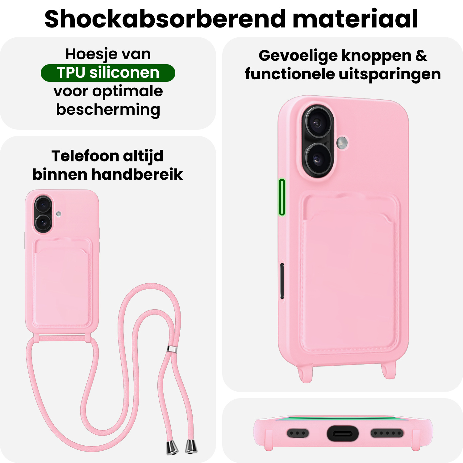BASEY. BASEY. iPhone 16 Hoesje Pashouder met Koord - Lichtroze - 2 PACK