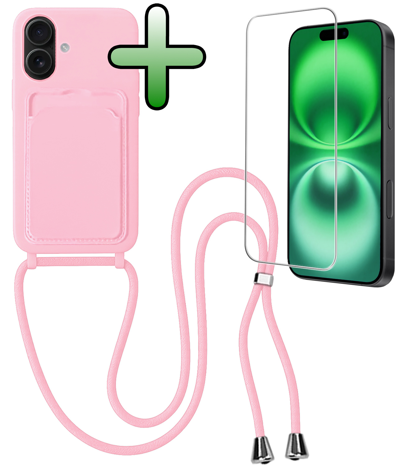 BASEY. BASEY. iPhone 16 Hoesje Pashouder met Koord Met Screenprotector - Lichtroze