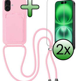 BASEY. BASEY. iPhone 16 Hoesje Pashouder met Koord Met 2x Screenprotector - Lichtroze
