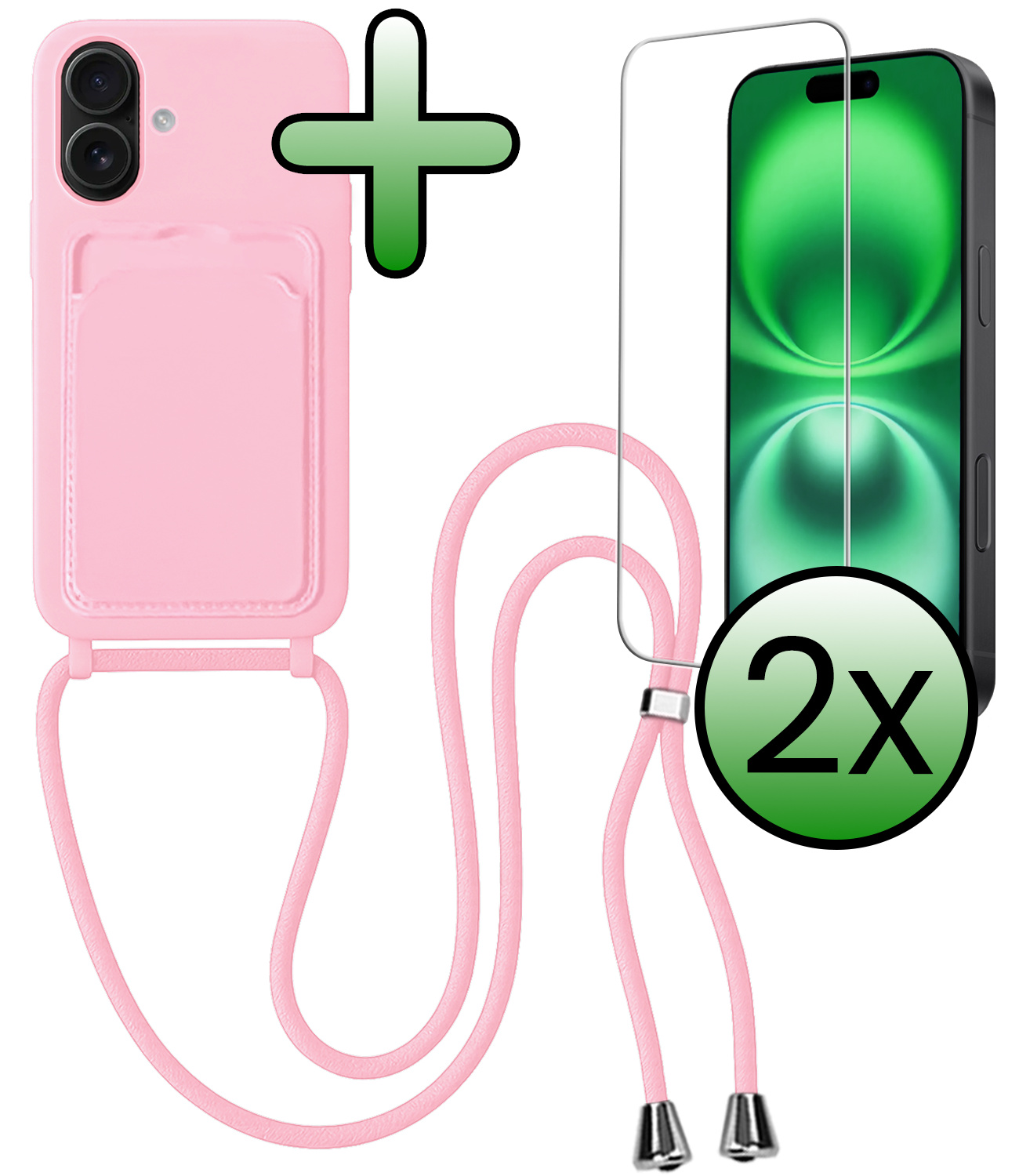 BASEY. BASEY. iPhone 16 Hoesje Pashouder met Koord Met 2x Screenprotector - Lichtroze