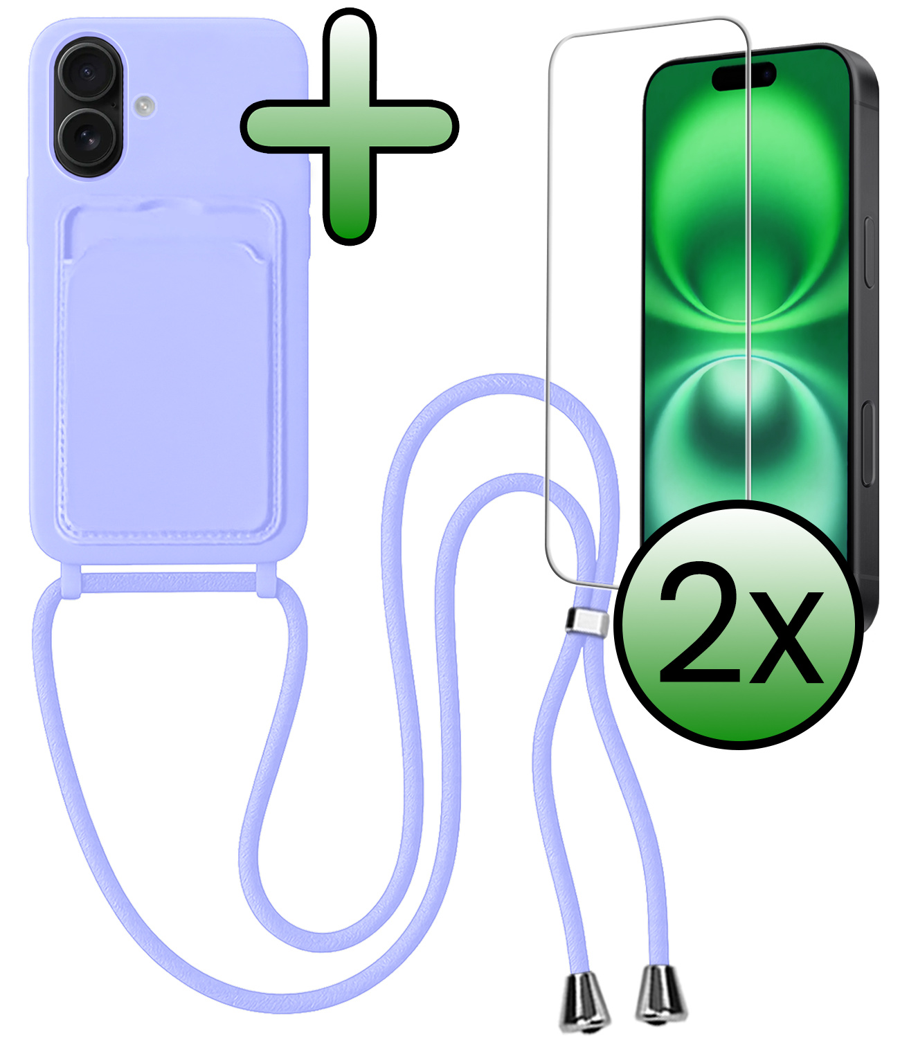 BASEY. BASEY. iPhone 16 Hoesje Pashouder met Koord Met 2x Screenprotector - Lila
