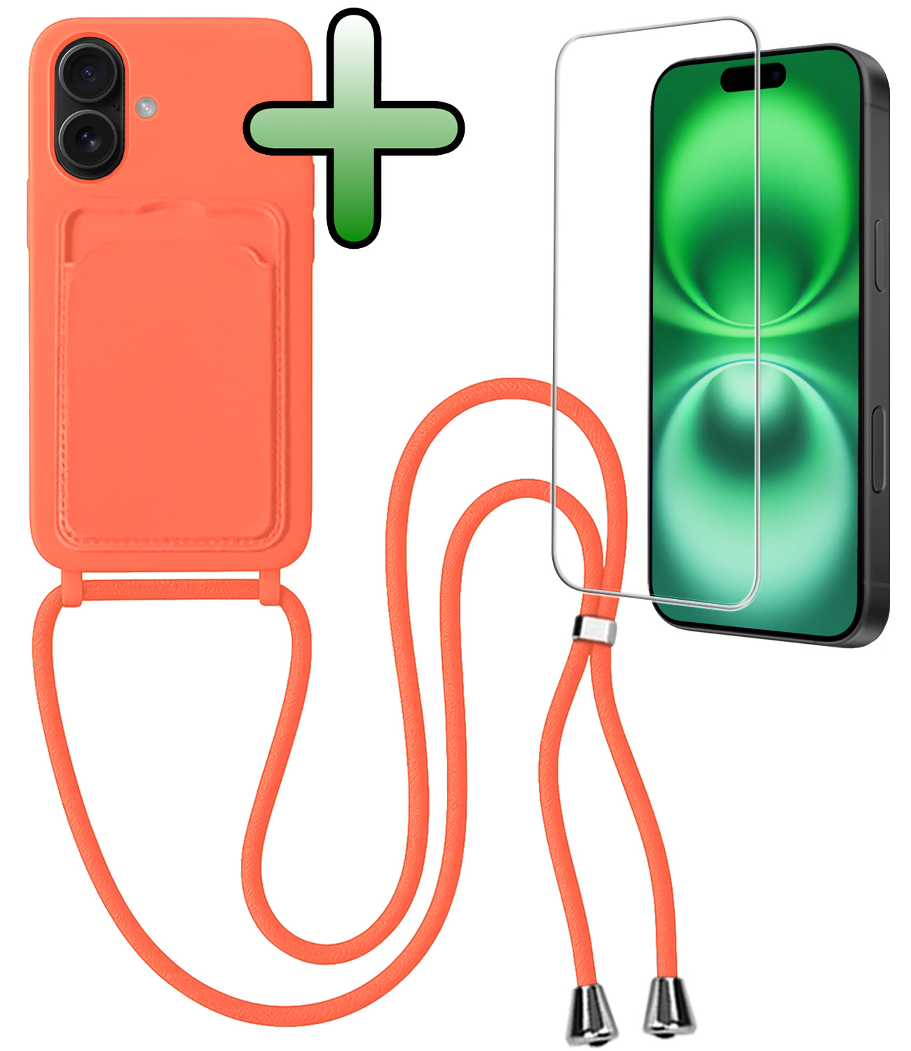 BASEY. BASEY. iPhone 16 Hoesje Pashouder met Koord Met Screenprotector - Papaya