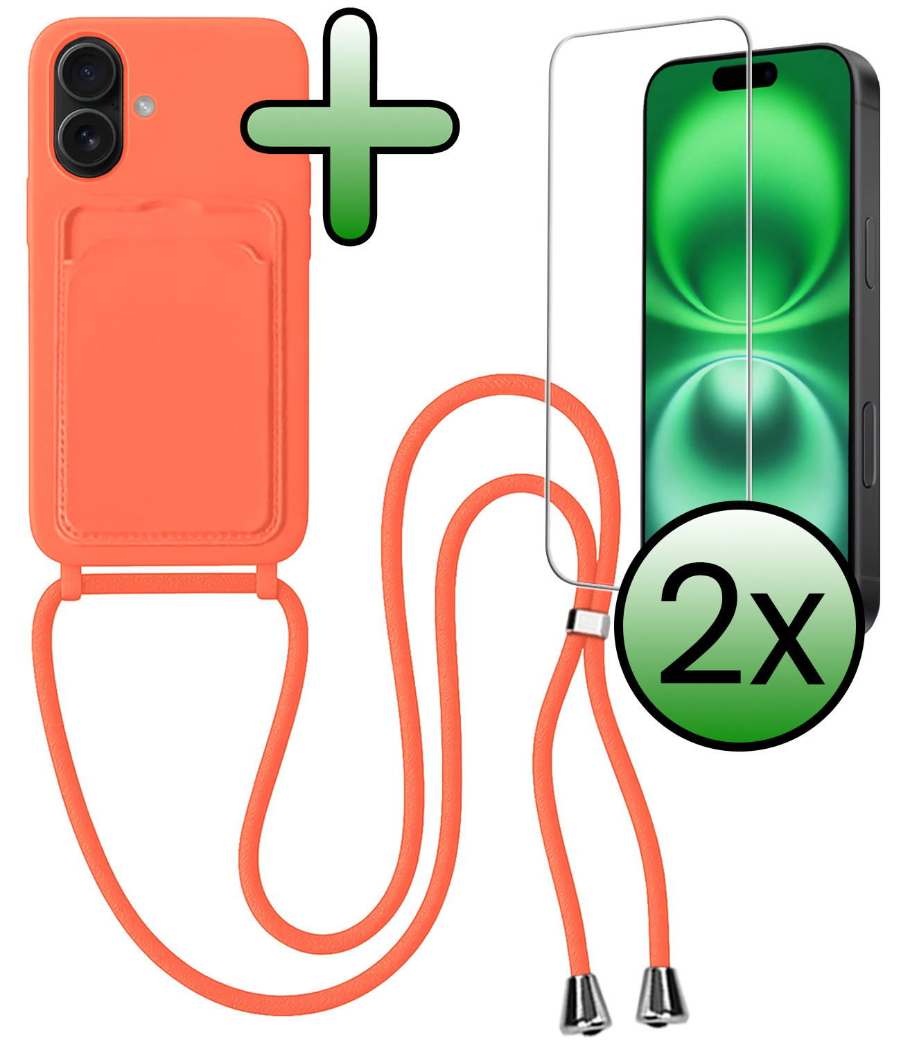 BASEY. BASEY. iPhone 16 Hoesje Pashouder met Koord Met 2x Screenprotector - Papaya