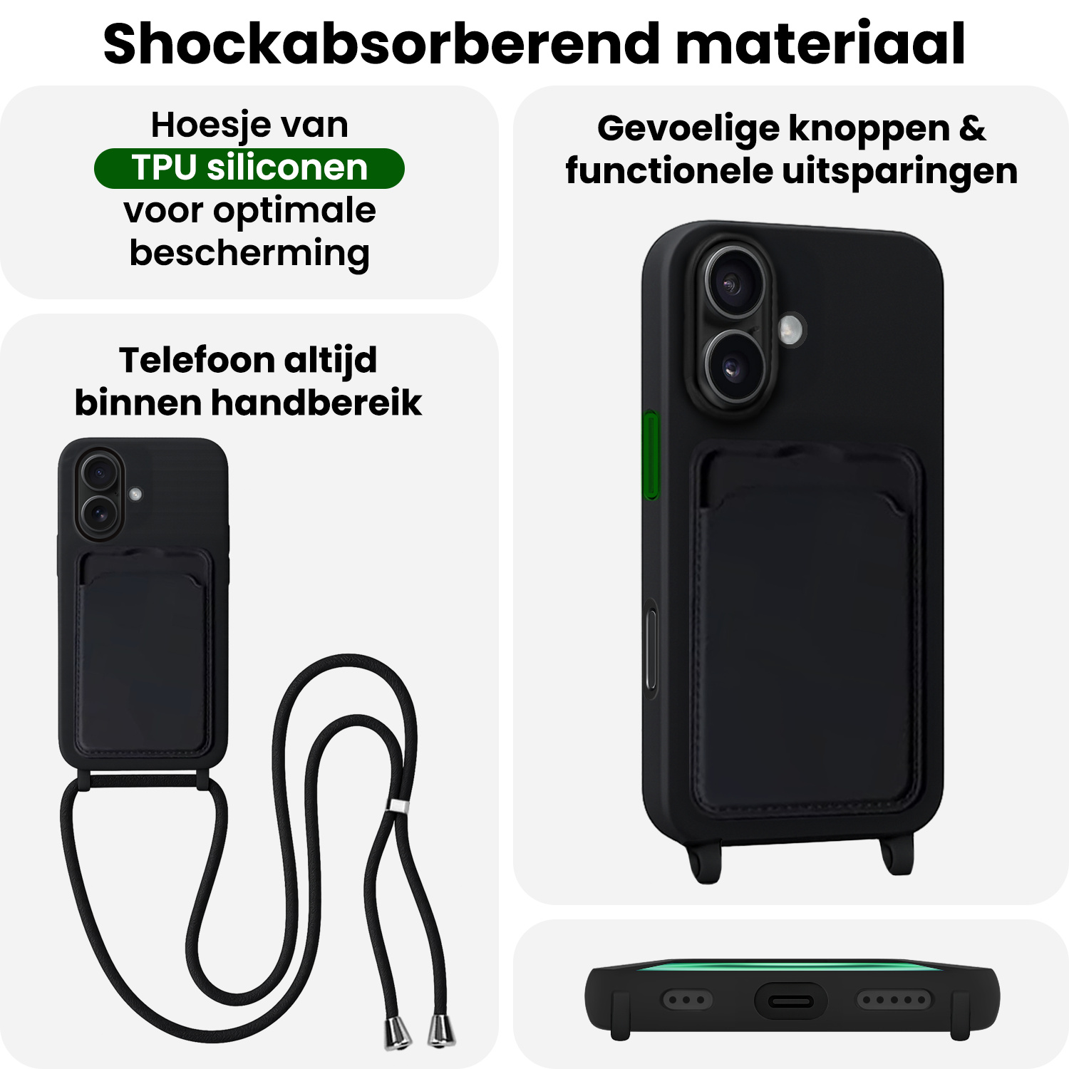 BASEY. BASEY. iPhone 16 Hoesje Pashouder met Koord - Zwart - 2 PACK