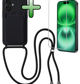 BASEY. BASEY. iPhone 16 Hoesje Pashouder met Koord Met Screenprotector - Zwart