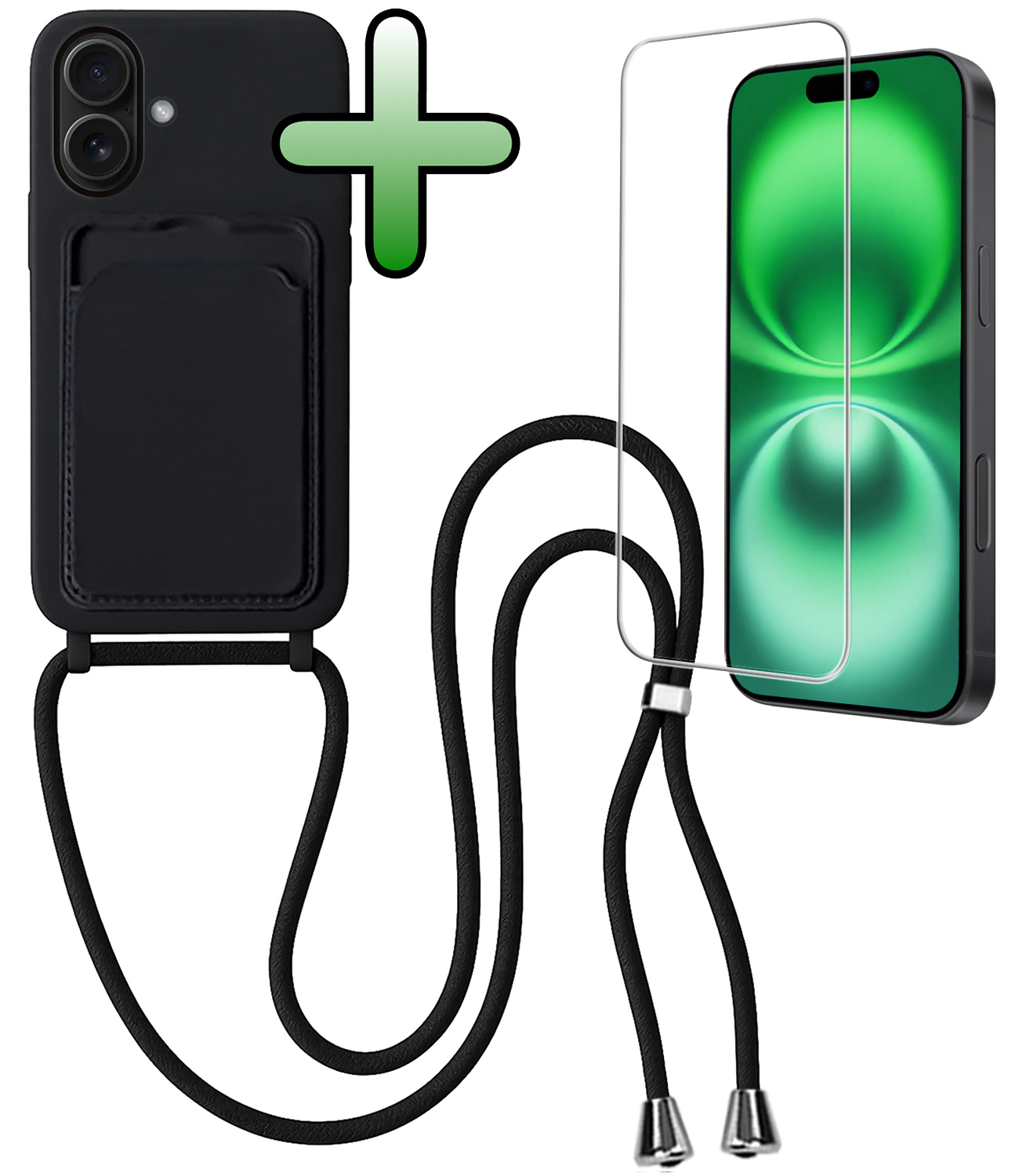 BASEY. BASEY. iPhone 16 Hoesje Pashouder met Koord Met Screenprotector - Zwart