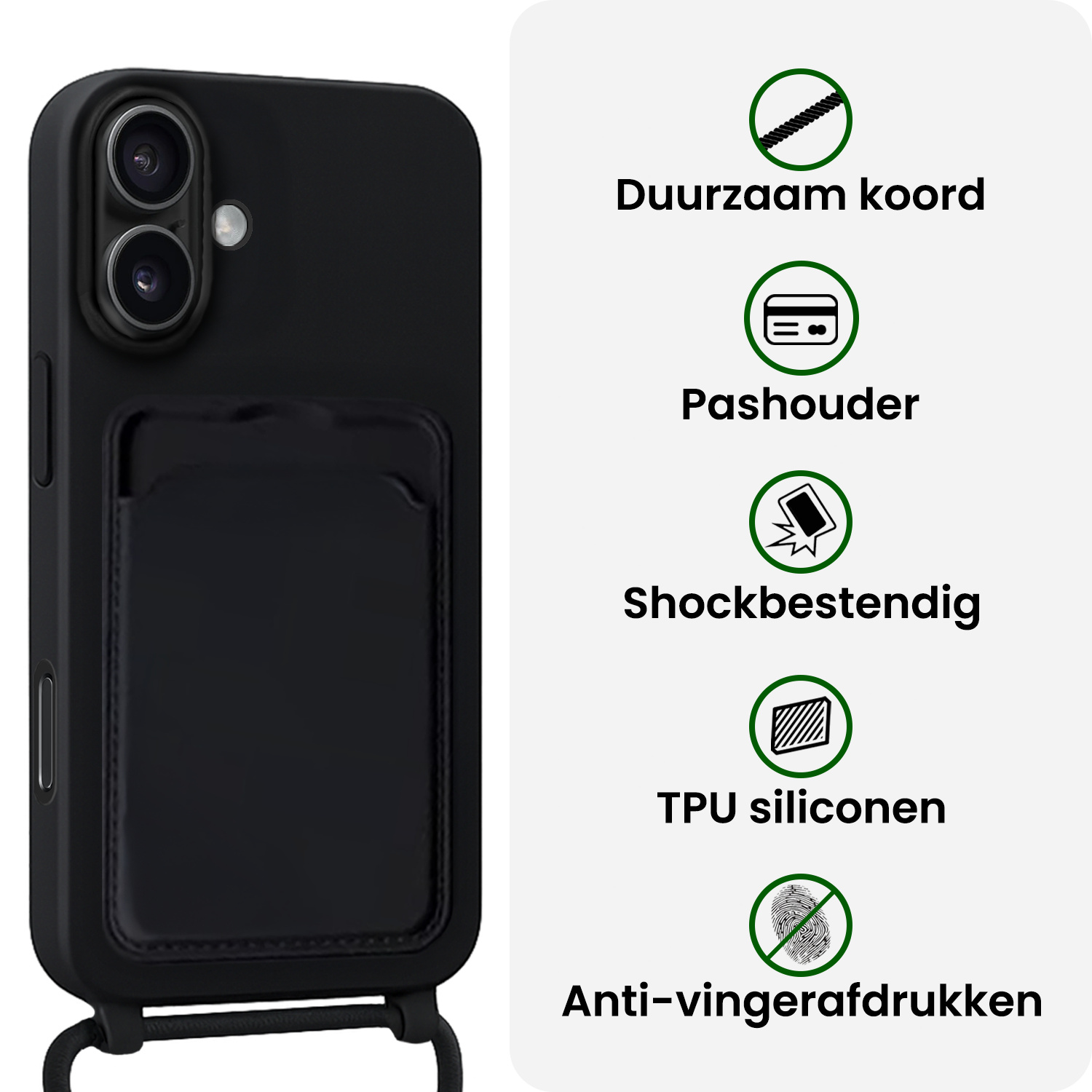 BASEY. BASEY. iPhone 16 Hoesje Pashouder met Koord Met Screenprotector - Zwart