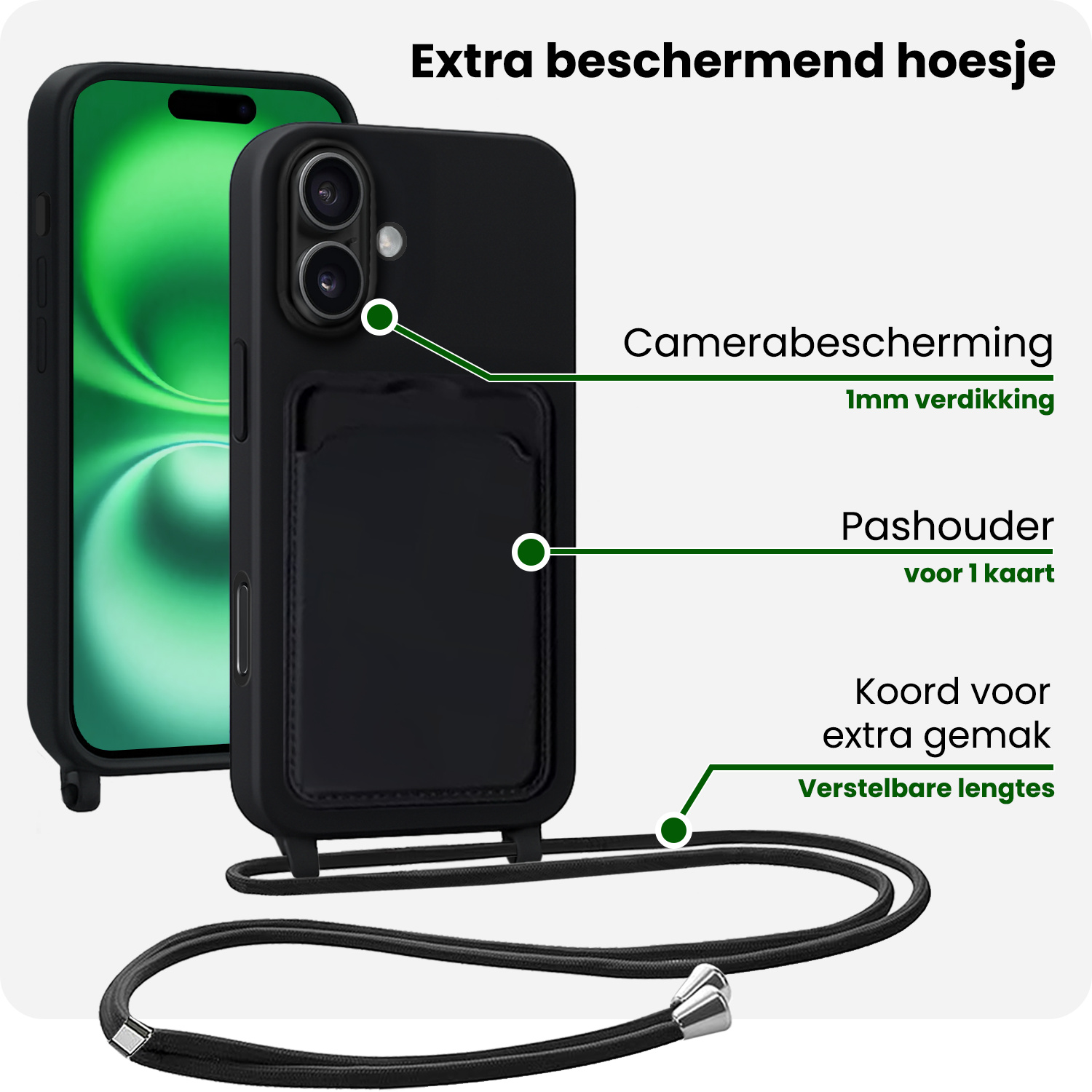 BASEY. BASEY. iPhone 16 Hoesje Pashouder met Koord Met Screenprotector - Zwart