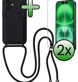 BASEY. BASEY. iPhone 16 Hoesje Pashouder met Koord Met 2x Screenprotector - Zwart