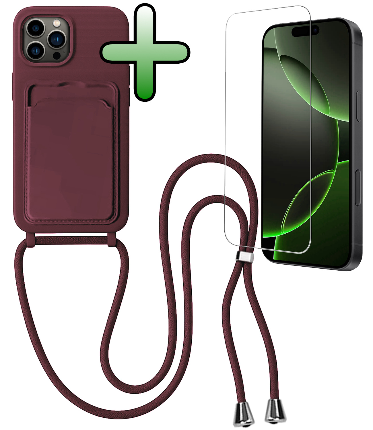 BASEY. BASEY. iPhone 16 Pro Hoesje Pashouder met Koord Met Screenprotector - Aubergine