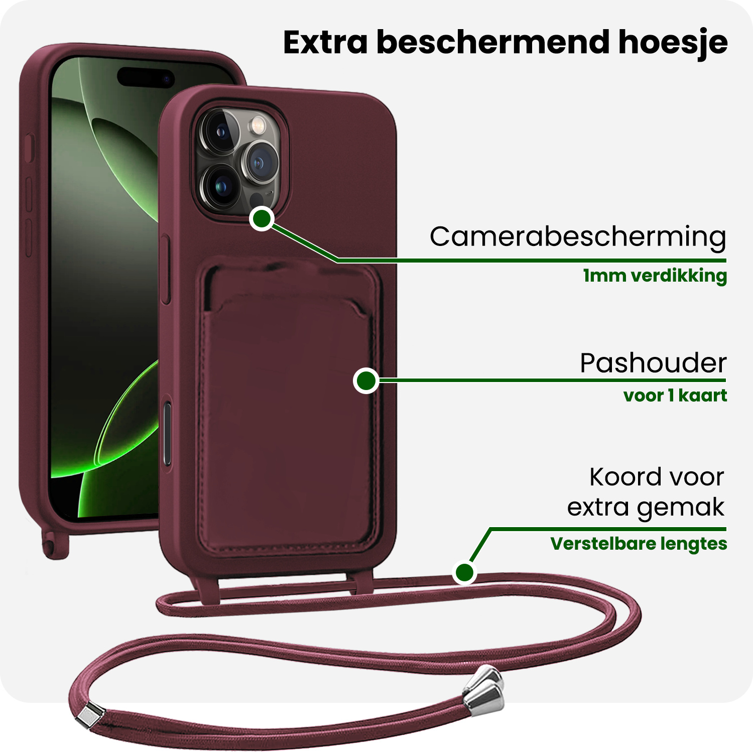 BASEY. BASEY. iPhone 16 Pro Hoesje Pashouder met Koord Met 2x Screenprotector - Aubergine