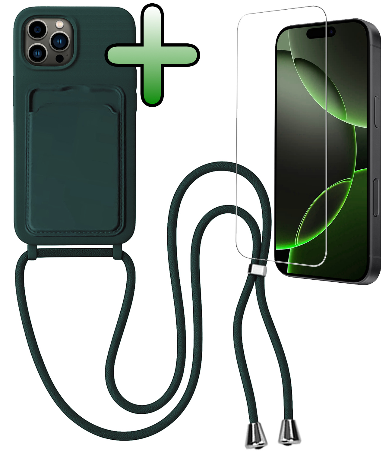 BASEY. BASEY. iPhone 16 Pro Hoesje Pashouder met Koord Met Screenprotector - Donkergroen