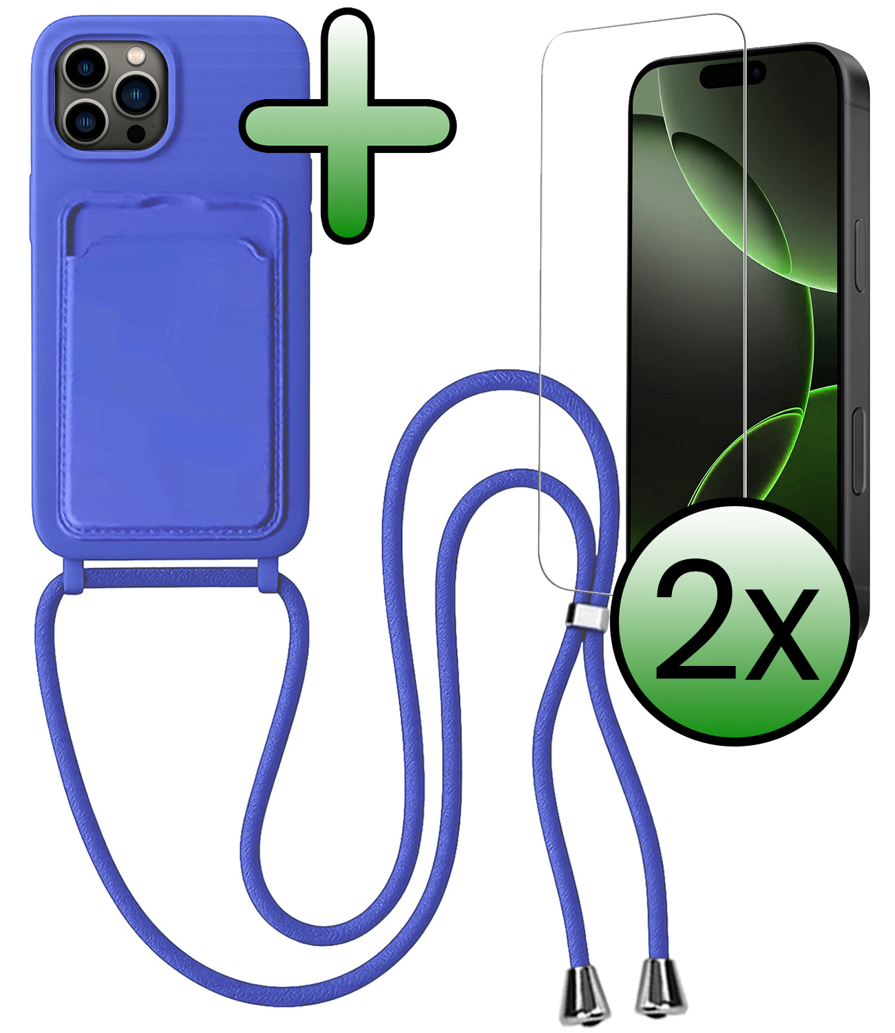 BASEY. BASEY. iPhone 16 Pro Hoesje Pashouder met Koord Met 2x Screenprotector - Fel Blauw