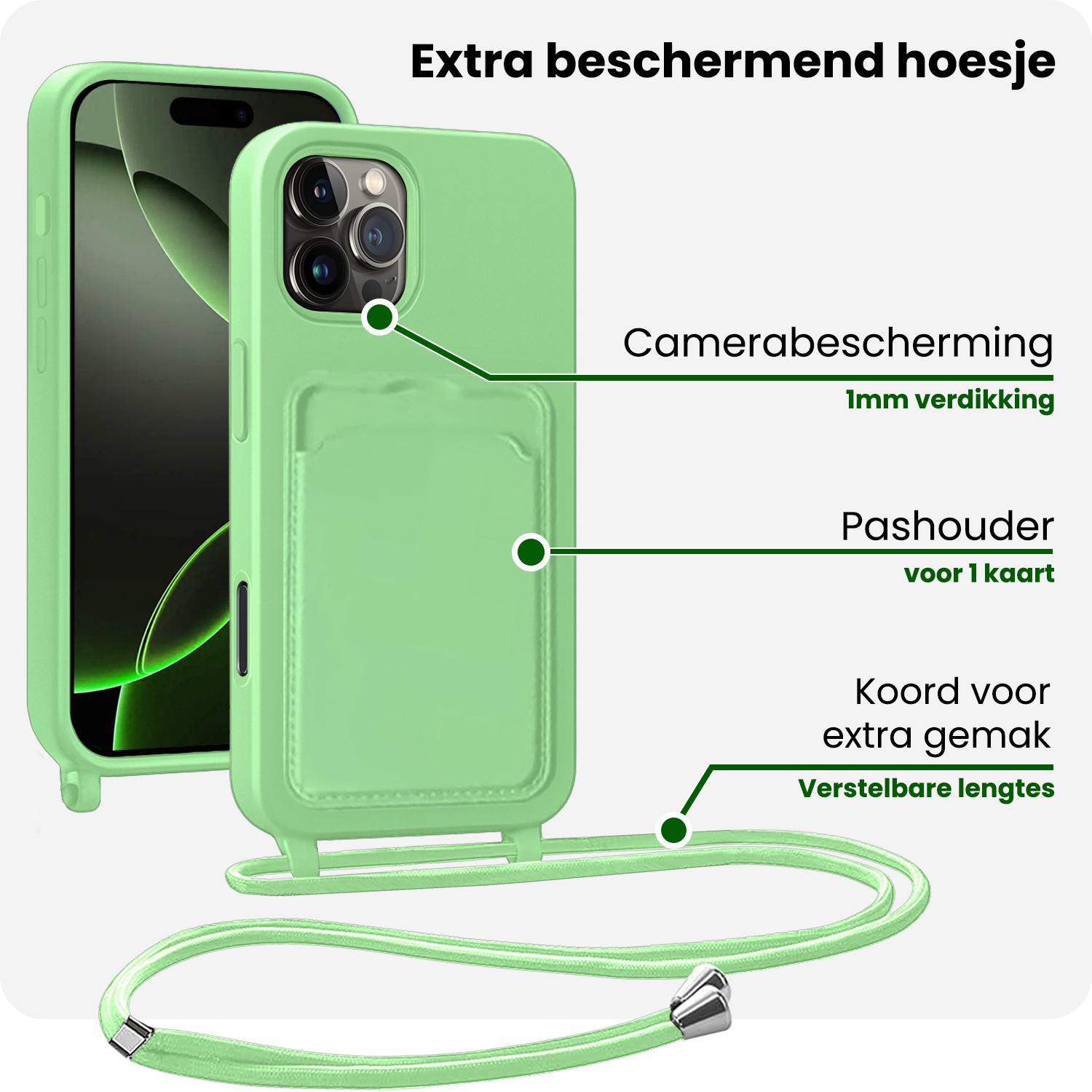 BASEY. BASEY. iPhone 16 Pro Hoesje Pashouder met Koord - Groen - 2 PACK