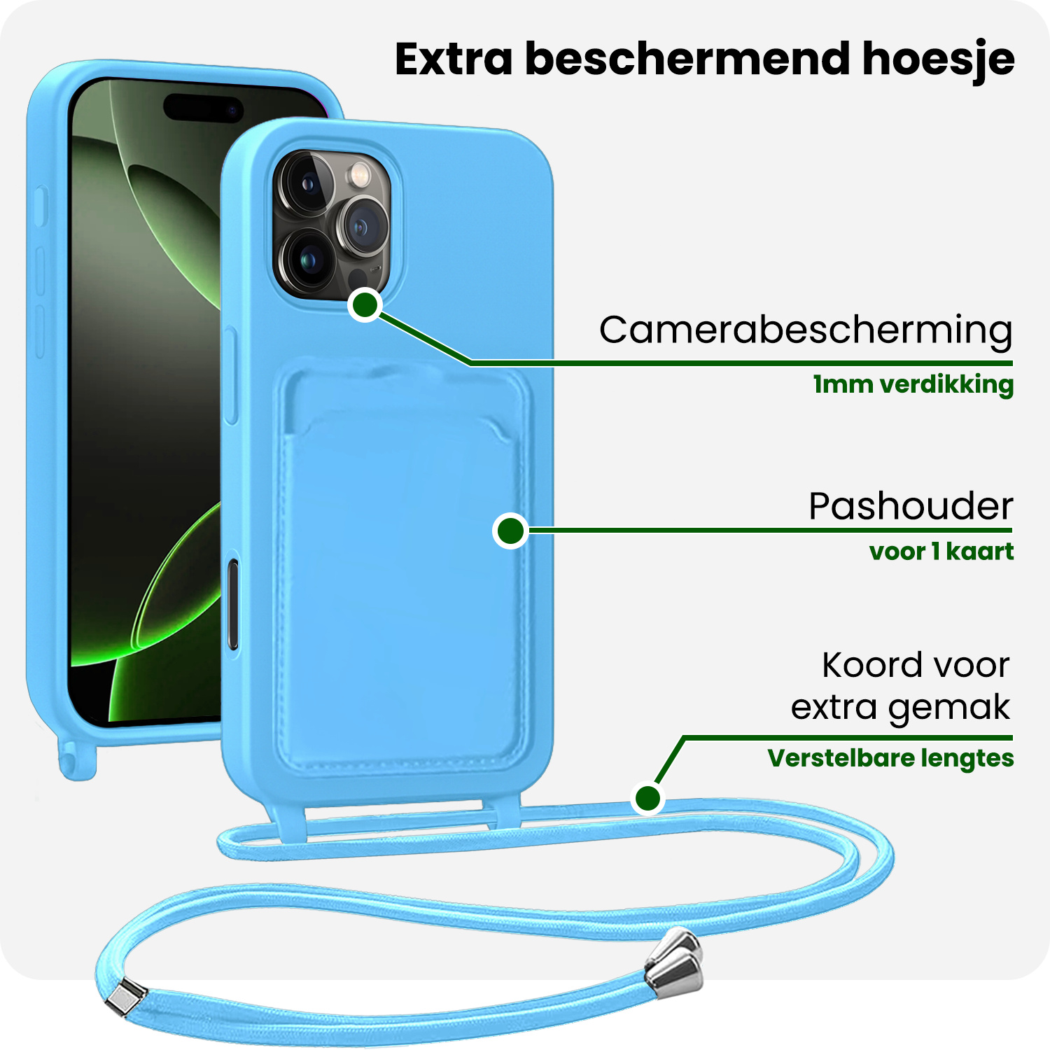 BASEY. BASEY. iPhone 16 Pro Hoesje Pashouder met Koord Met Screenprotector - Lichtblauw