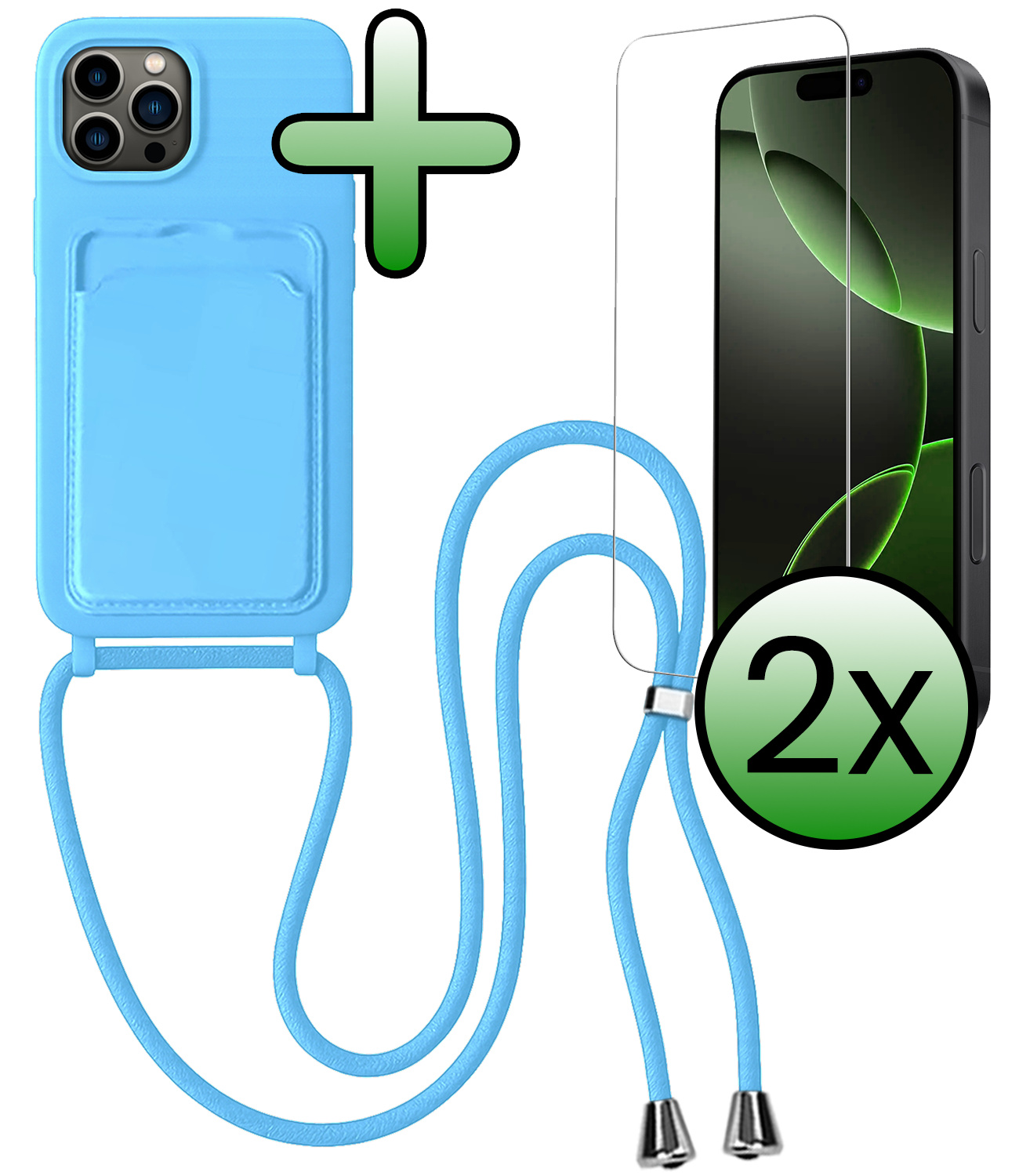 BASEY. BASEY. iPhone 16 Pro Hoesje Pashouder met Koord Met 2x Screenprotector - Lichtblauw