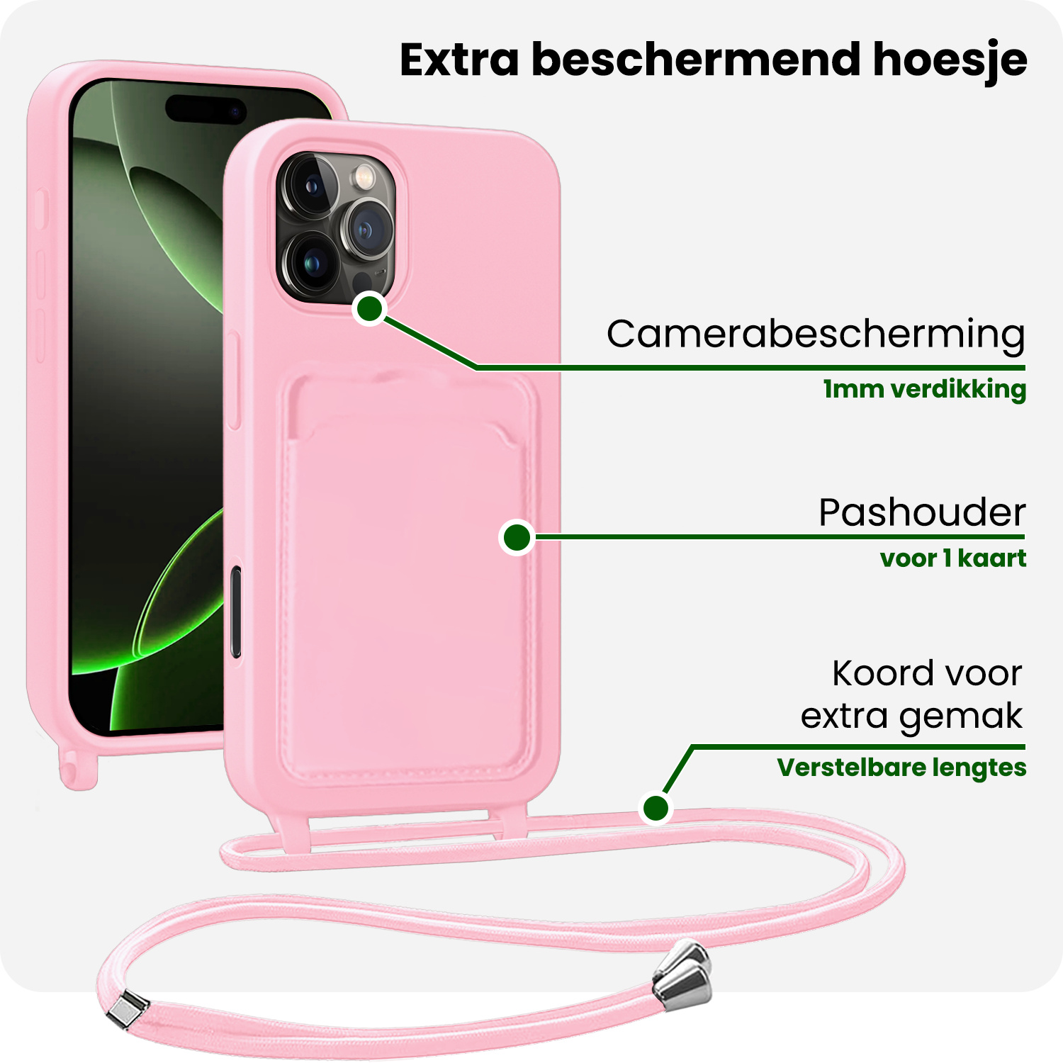 BASEY. BASEY. iPhone 16 Pro Hoesje Pashouder met Koord Met 2x Screenprotector - Lichtroze