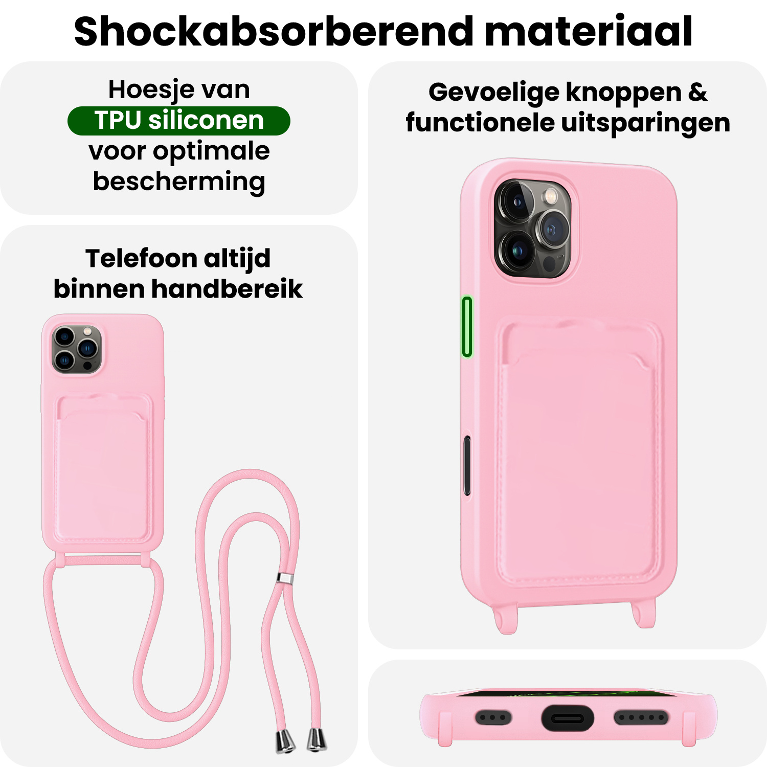 BASEY. BASEY. iPhone 16 Pro Hoesje Pashouder met Koord Met 2x Screenprotector - Lichtroze