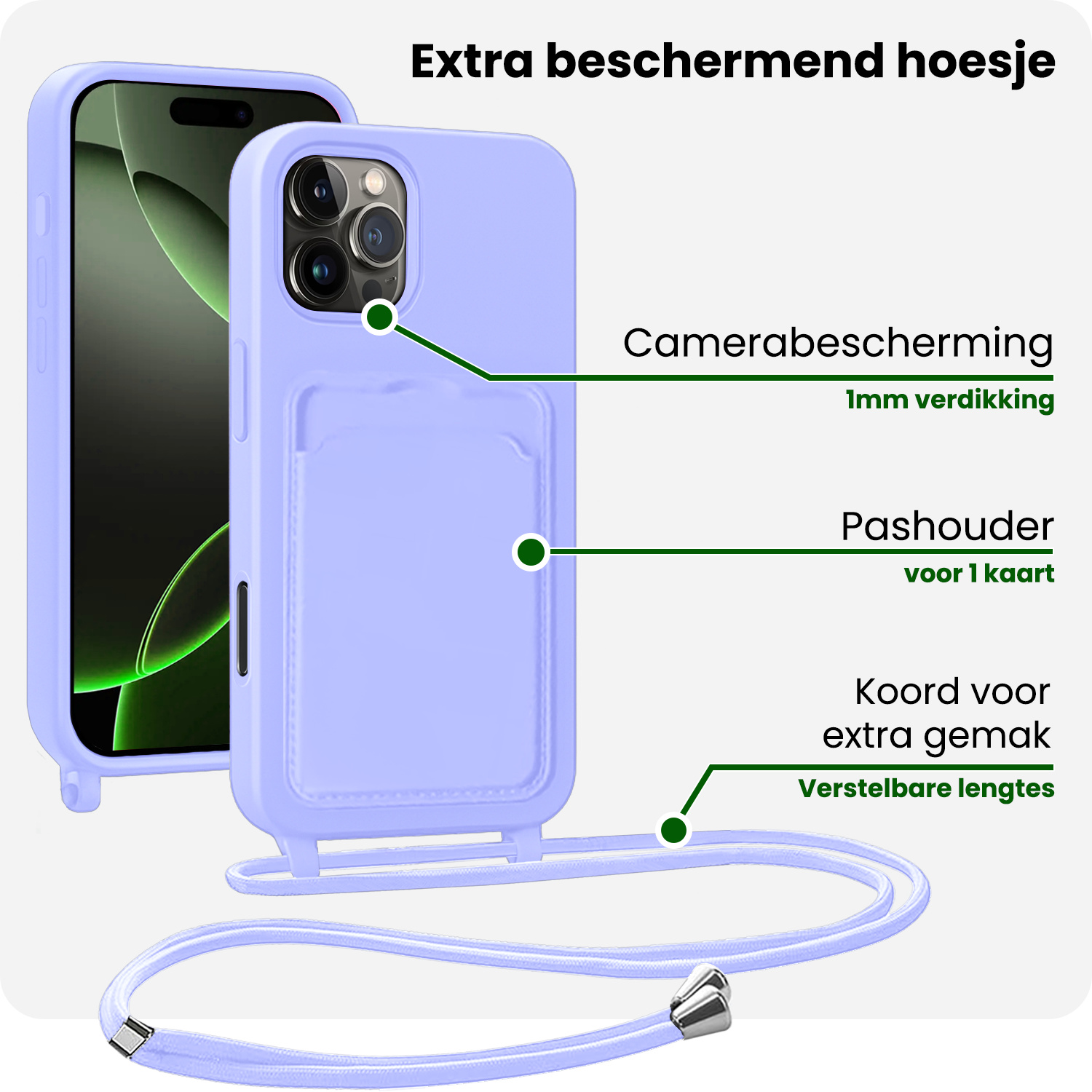 BASEY. BASEY. iPhone 16 Pro Hoesje Pashouder met Koord Met 2x Screenprotector - Lila