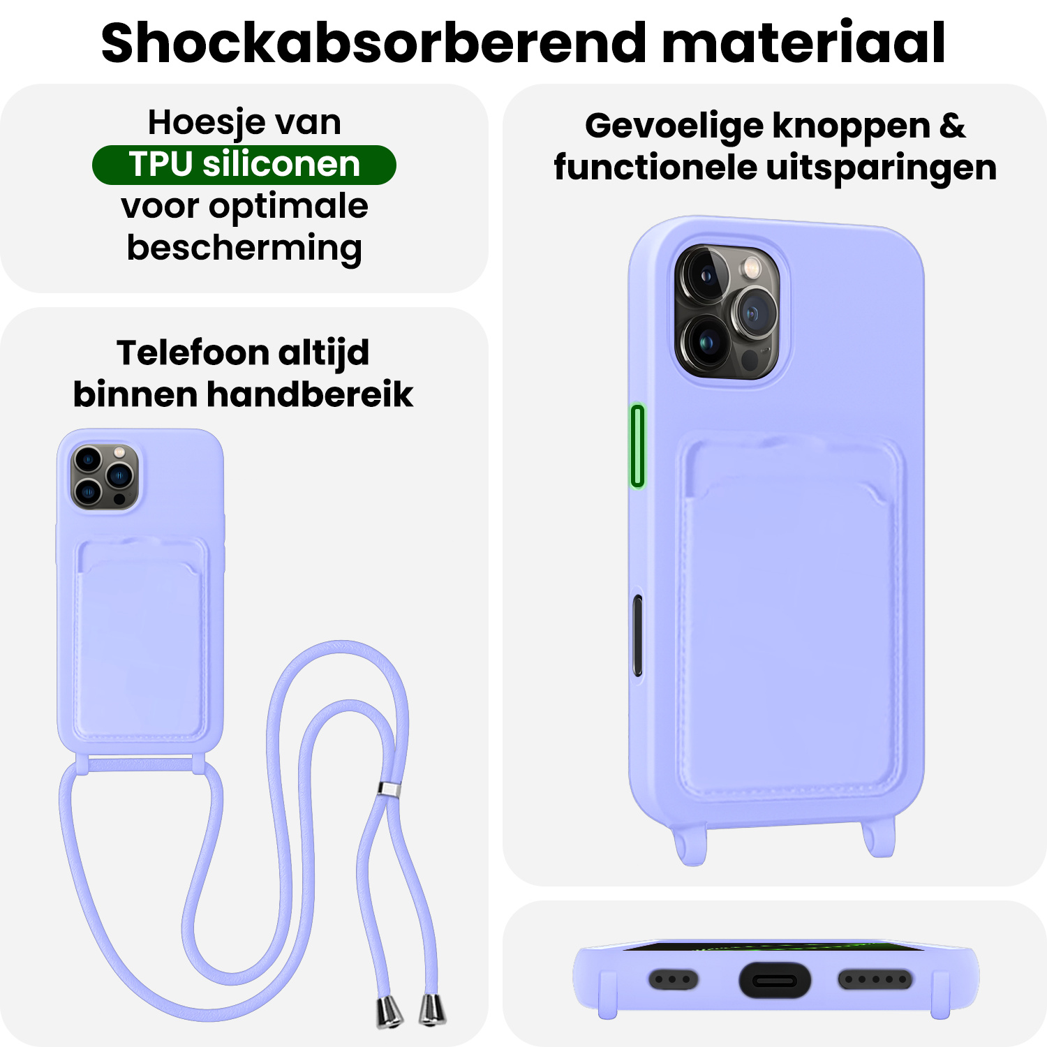 BASEY. BASEY. iPhone 16 Pro Hoesje Pashouder met Koord Met 2x Screenprotector - Lila