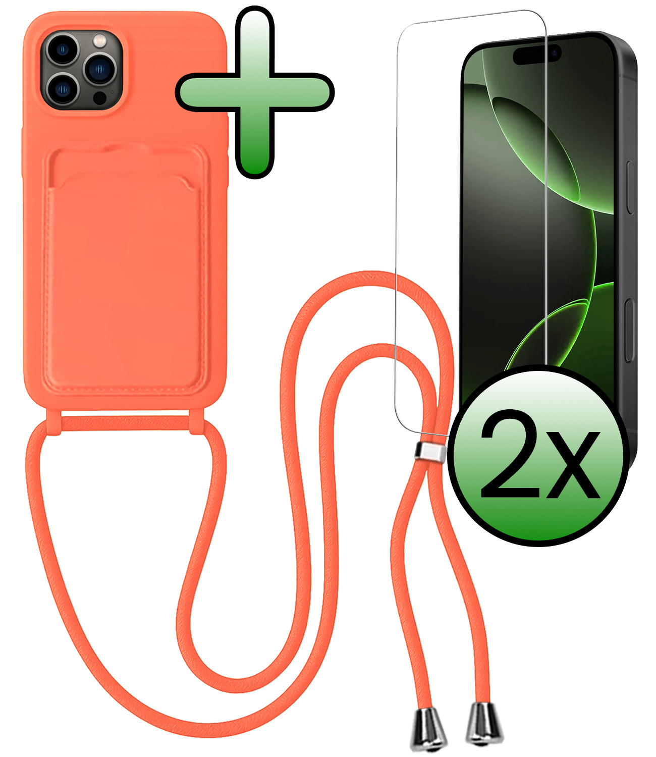 BASEY. BASEY. iPhone 16 Pro Hoesje Pashouder met Koord Met 2x Screenprotector - Papaya