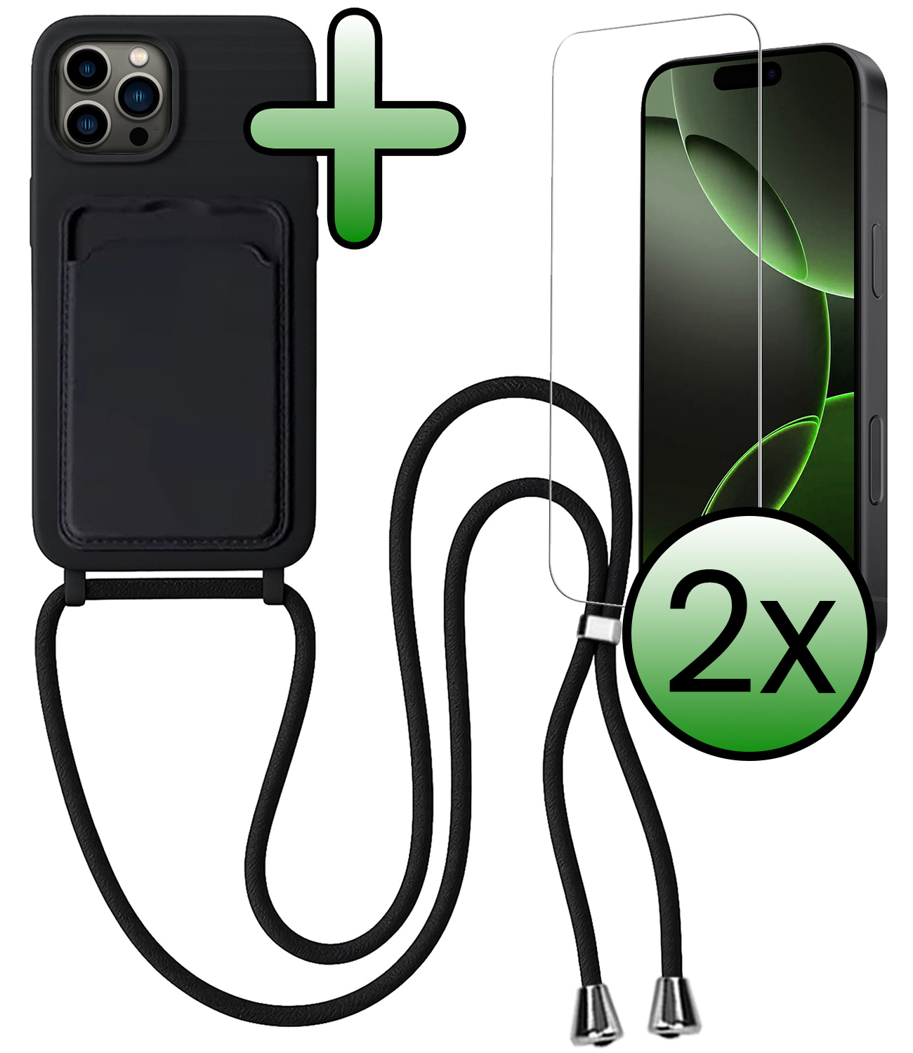 BASEY. BASEY. iPhone 16 Pro Hoesje Pashouder met Koord Met 2x Screenprotector - Zwart