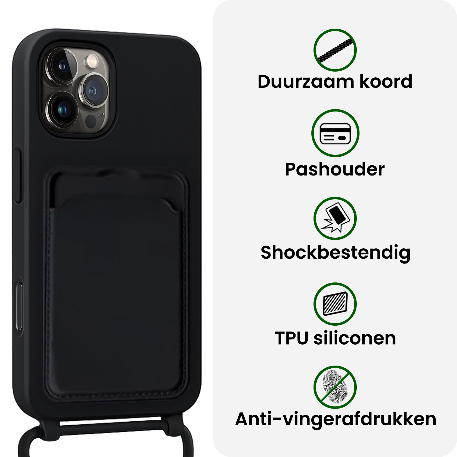 BASEY. BASEY. iPhone 16 Pro Hoesje Pashouder met Koord Met 2x Screenprotector - Zwart