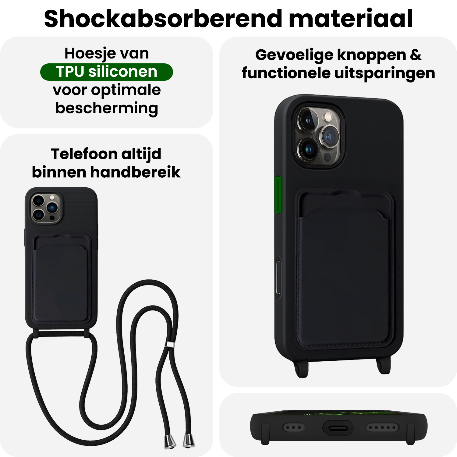 BASEY. BASEY. iPhone 16 Pro Hoesje Pashouder met Koord Met 2x Screenprotector - Zwart
