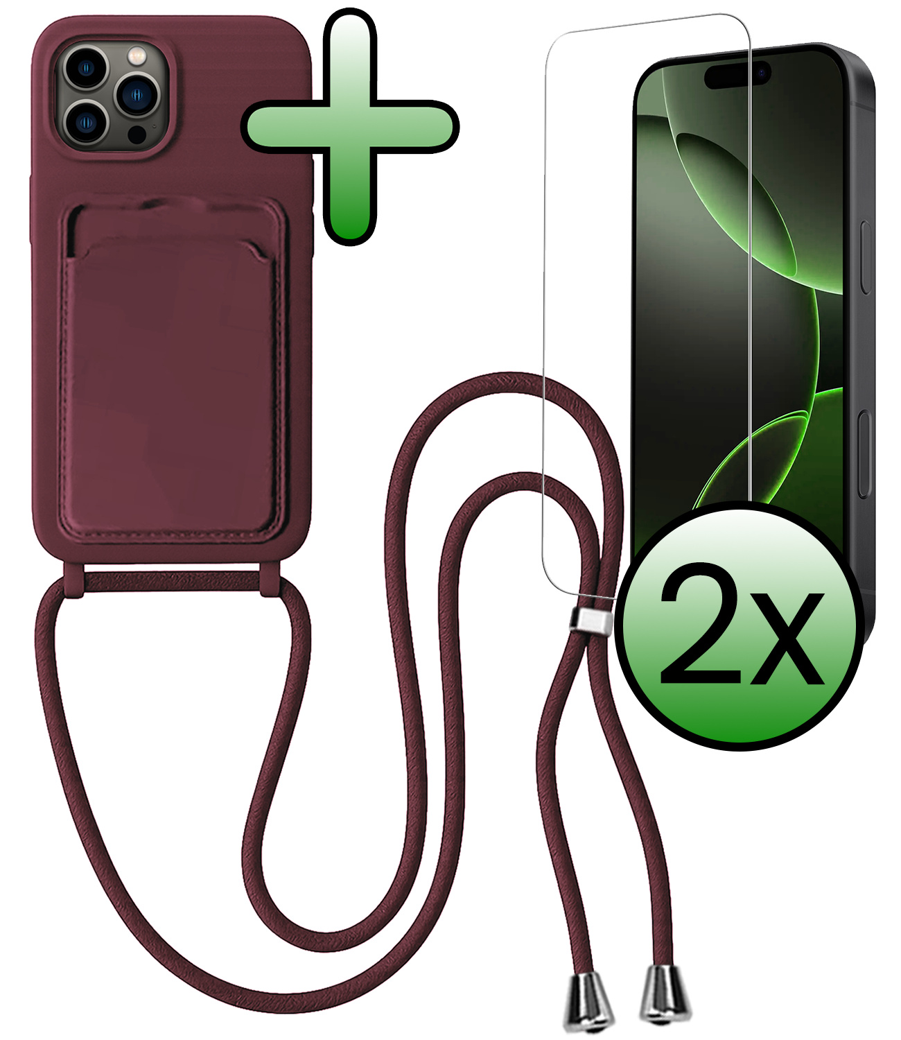 BASEY. BASEY. iPhone 16 Pro Max Hoesje Pashouder met Koord Met 2x Screenprotector - Aubergine